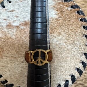 Vintage-Inspired Peace Sign Leather Ring- Brown & Brass